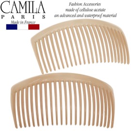 Camila Paris CP3022 French Side Combs Large Curved, Beige French Twist Hair Combs Decorative, Strong Hold Hair Clips for Women Bun Chignon Up-Do, No Slip Styling Girls Hair Accessories, Made in France