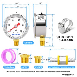 MEANLIN MEASURE 0-100Psi Stainless Steel Glycerin Filled Pressure Gauge 1/8" NPT 1.5" FACE DIAL, with 3/8" Line Pressure Adapter Liquid Filled Pressure Gauge (9Pieces Kit, Lower Mount)
