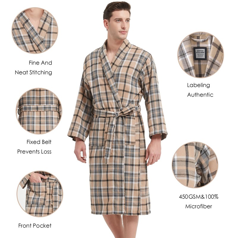 UTJZIB Men's Robe-Polyester Flannel Ultra-Lightweight Bathrobe for Unisex,Scottish Plaid Style