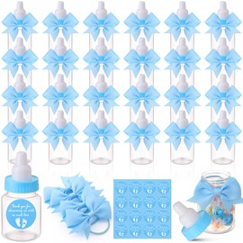 Teenyyou 24 Sets 3.5 Inch Blue Mini Baby Bottles for Baby Shower Party Favor Game Plastic Milk Bottles with Thank You Showering Stickers and Bows Baby Shower Thank You Gifts for Guests Candy Decor