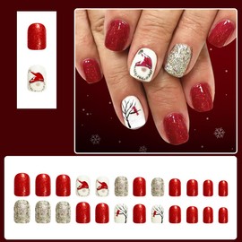 Christmas Press on Nails Short Square Fake Nails Santa False Nails Red Glitter with Holly Branch Design Cute Full Cover Glossy Acrylic Nails for Women 24PCS
