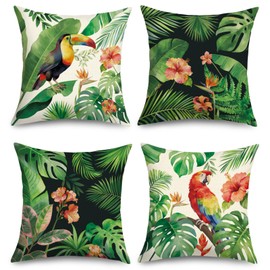 Joymaison 18x18 Set of 4 Tropical Green Leaves Throw Pillow Cushion Covers