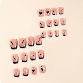 MERVF Square Press on Nails Medium Fake Nails Black French Tip Glue on Nails Heart Star Press ons Glitter Sliver Stripe Design Acrylic Nails Squoval False Nails for Women Glossy 24pcs