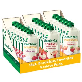 Beech-Nut Toddler Food Breakfast Pouches Variety Pack, NEW Breakfast Favorites Fruit & Yogurt Purees Variety Pack, 3.5 oz (18 Pack)