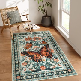 Wonnitar Butterfly 3x5 Machine Washable Rug, Boho Soft Bedroom Area Rug, Ultra-Thin Non Slip Floral Insect Print Carpet for Living Room Entryway Dorm (3'x5',Beige/Green)