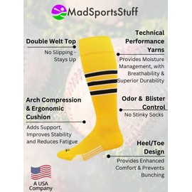 MadSportsStuff Dugout 3 Stripe Baseball Socks (Gold/Black/White, X-Large) - Gold/Black/White,X-Large