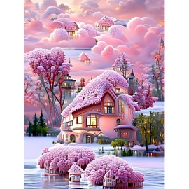 MXJSUA Diamond Painting Adult Landscape, Diamond Painting Pictures Landscape 5D Diamond Painting Kits, DIY Diamond Painting Kits Pink House in the Lake 30 x 40 cm for Wall Decoration