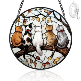 Stained Glass Window Hanging,Five Kitties Sun Catchers Diamond Glass Panel Hangings Suncatcher Decor,Suitable for Christmas, and New Year Gifts for Girlfriends, Mothers (Style 1, 9.8x9.8 in)