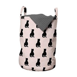Ambesonne Cat Laundry Bag, Black Cat Silhouettes on Pink Background Girlish Hand Drawn Art Simple Motifs, Hamper Basket with Handles Drawstring Closure for Laundromats, 13" x 19", Pale Pink and Black
