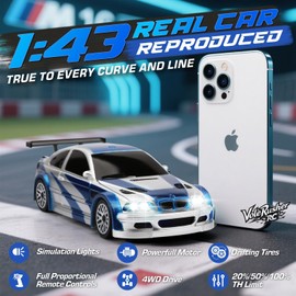 VoleRusher RC [4WD Edition 1/43 Scale Mini RC Drift Car, Toys for Age 8-14 Old Birthday Gifts, High Speed Racing Micro Small with Full Proportional RTR 2.4GHz Remote 2 Tire Sets 8 Cones - Blue