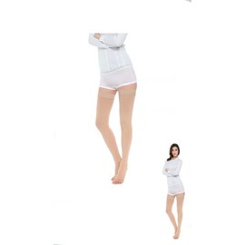 Honwor Thigh High Compression Stockings for Varicose Vein Relief and Comfort - Open Toe Design for Swollen Legs, Travel, Flight, and Pregnancy Support - Beige, Size Medium