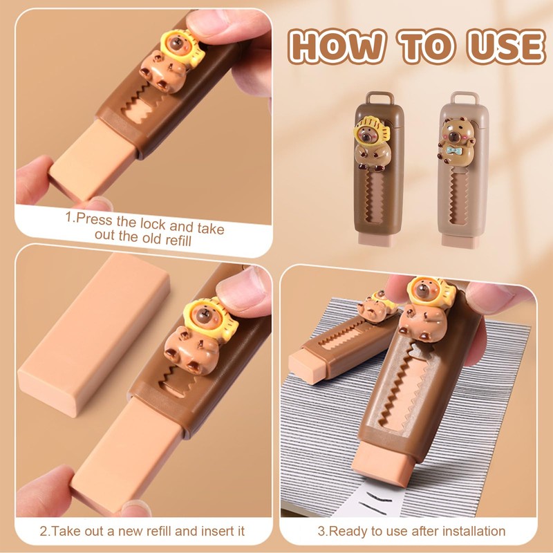FloralGrace Pack of 4 Capybara Retractable Erasers, Capybara Eraser with