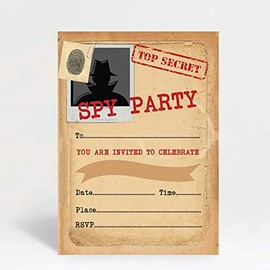 Hip Hip Hooray Spy Themed Birthday Party Invitations Invites Pack of 10 with Envelopes, Brown & Red, A6