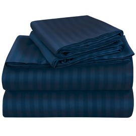 ROYALE LINENS 4 Piece Queen Sheets Set - Soft Brushed 1800 Microfiber Bedding - 1 Fitted, 1 Flat Sheet, 2 Pillow Cases - Wrinkle Free & Fade Resistant - Hotel Luxury Bed Sheets (Stripe Navy, Queen)