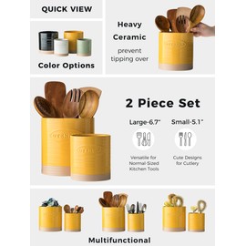 YHOSSEUN Kitchen Utensil Holder, Ceramic Utensil Holder for Kitchen Counter, 6.7"+5.1" Cooking Utensil Holder Oval Crocks Set of 2, Utensil Storage Organizer for Spatula, Yellow