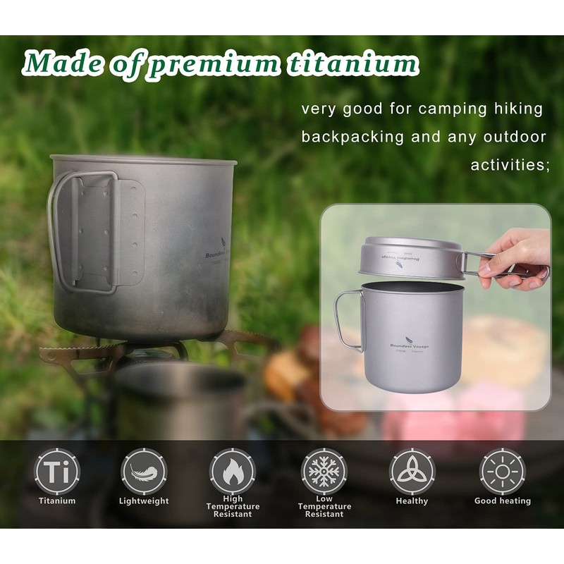 Boundless Voyage Titanium Pot Pan Set with Folding Handles Outdoor