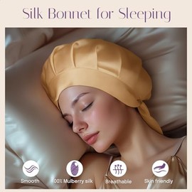OLESILK OLESILK Mulberry Silk Bonnet for Sleeping Bowknot, Double-Side Silk Sleep Cap for Curly Hair Care, Hair Bonnet for Afro Wavy Long Hair, Night Cap for Women, Gold