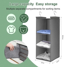 AiQInu Hanging Shelf Wardrobe, Hanging Storage Cupboard Organiser with 3 Compartments, Foldable Space-Saving Hanging Organiser Storage System with Metal Hooks and Bamboo Stick Reinforced