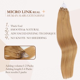 Eliysako Microlink Hair Extensions Human Hair Natural Blonde 22inch 50g/pack Micro Link Remy Hair Micro Loop Microbead Hair Extensions Real Smooth and Easy to Maintain Human Hair Cold Fusion For Women