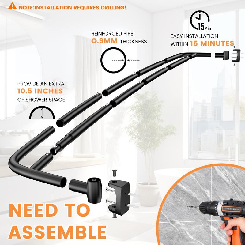 Haryaers Double Curved Shower Curtain Rod, Matte Black Adjustable 37-78