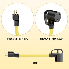 ACKING 30 to 15 Amp 110V RV Adapter Cord, 30A to 15A NEMA 5-15P Male to TT-30R Female Electrical Power Dogbone with Grip Handle, Heavy Duty STW 10 Gauge for RV Trailer Camper, ETL Listed，1FT