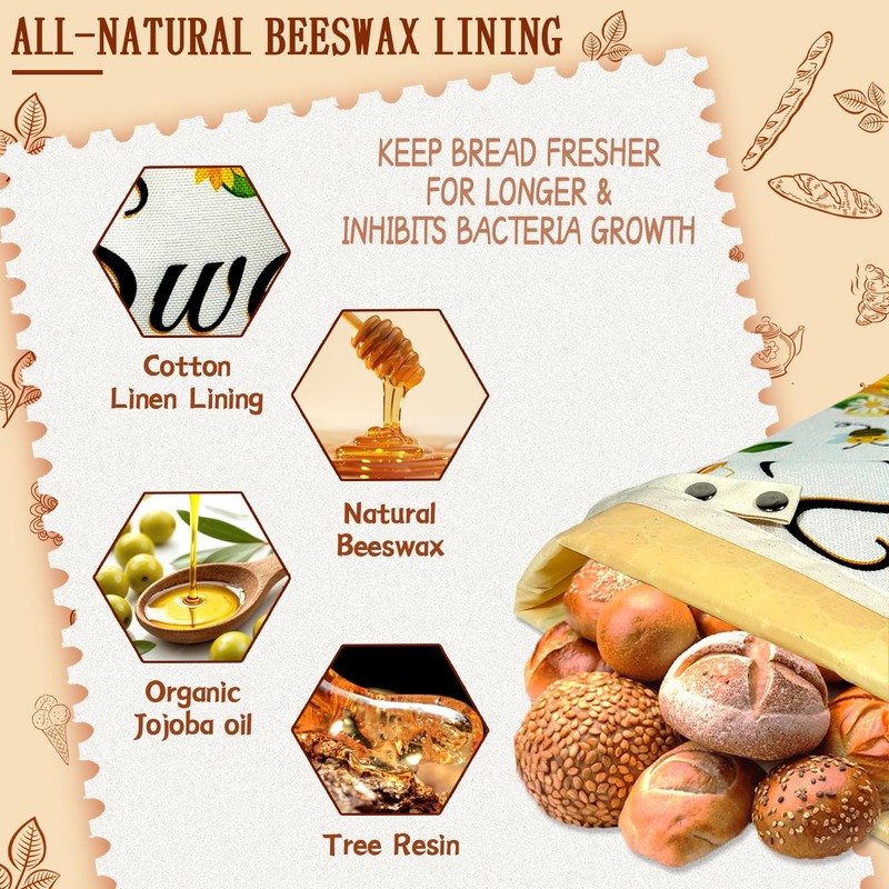 PACOTK Beeswax Bread Bags 2 Packs Sweet Bee Sourdough Bread