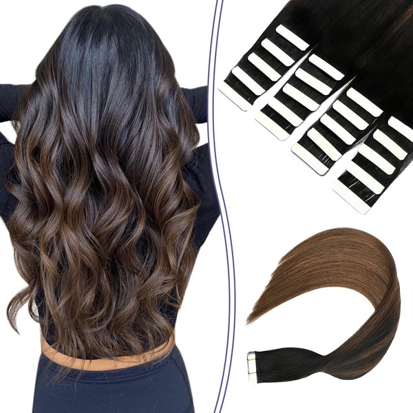 Sindra Tape-In Extensions, Real Hair, Natural Black to Dark Brown, Ombre Extensions, Real Hair, 20 Pieces, 50 g, 45 cm, Tape-In Extensions, Real Hair, Remy Real Hair Extensions, Silky Straight Tape