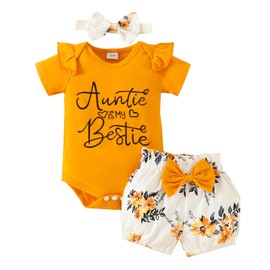 Newborn Infant Baby Girls Auntie Outfits Auntie's Bestie Short Sleeve Rib Knit Romper Floral Shorts Set with Headband(Orange,3-6M)