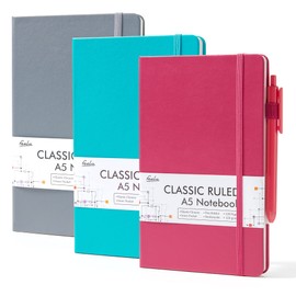 feela Hardcover Notebook For Work, Classic Ruled Lined Journal Set School Business Supplies, with 3 Black Pens, 120 GSM, 5.1”x8.3”, 3 Pack, A5, Solid Colors, Gray, Berry, Emerald
