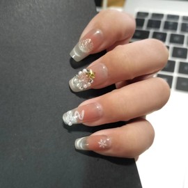 24 PCS Press on Nails Christmas Fake Nails Snowflake Fake Nails Christmas Tree Fake Nails Pearl Fake Nails Short Fake Nails Gifts for Women and Girls (No.13)