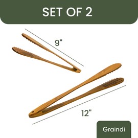 Teak Wood Tongs for Cooking & Salad Serving (9" & 12", Set of 2) | Wooden Tongs for Food, Bacon, BBQ, Charcuterie, Kitchen | Non Stick & Scratch