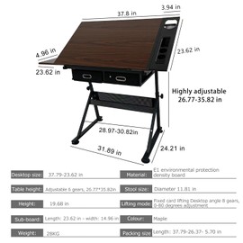 WEUMNV Drafting Table Art Desk Drawing Table Height Adjustable Artist Table Tilted Tabletop w/Drafting Stool and Storage Drawer for Reading, Writing (No stools)