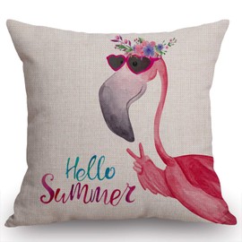 Swono Hello Summer Flamingo Decorative Throw Pillow Case Watercolor Flamingo in Sunglasses and Floral Wreath Decoration Cushion Cover Home Decor 18 x 18 Inch Cotton Linen for Sofa Couch