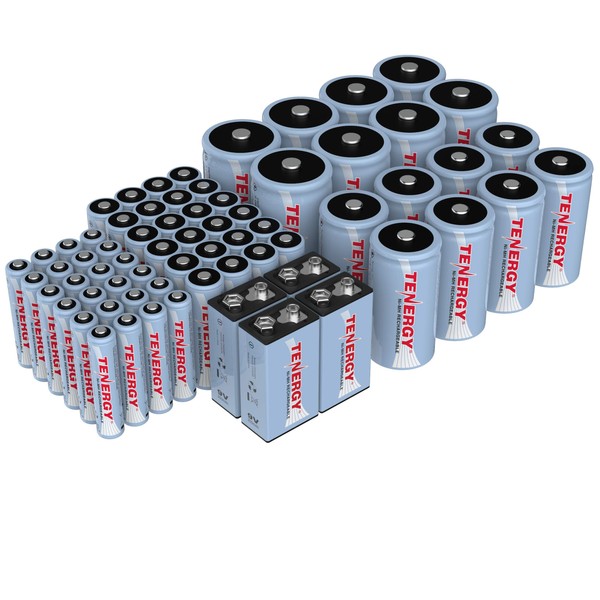 Tenergy AA AAA C D 9V Battery, NiMH Rechargeable Batteries Combo, 68-Pack, 24-Pack 2500mAh AA Cells, 24-Pack 1000mAh AAA Cells, 8-Pack 5000mAh C Cells, 8-Pack 10000mAh D Cells and 4-Cell 9V Batteries