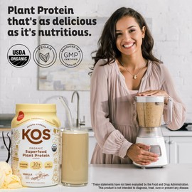 KOS Vegan Protein Powder Erythritol Free, Vanilla USDA Organic - Pea Protein Blend, Plant Based Superfood Rich in Vitamins & Minerals - Keto, Dairy Free - Meal Replacement for Women & Men, 28 Servings