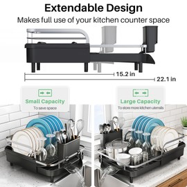 Dish Drying Rack, Expandable Dish Rack for Kitchen Counter, Stainless Steel Dish Drainer with Drainboard Set and Utensil Holder (Black)