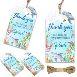 50pcs Under The Sea Thank You Tags Watercolor Ocean Animal Gift Tag with String Shark Thank You Paper Tags Blue Thank You Hanging Tags for Boy Birthday Party Ocean World Party Supplies