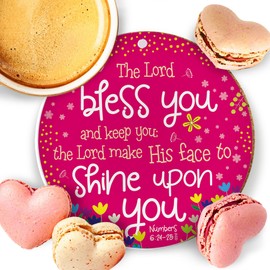 Christian Decorations - can be used as ceramic hanging decorations or as a coaster, Bless You (Pink), with Bible verse Numbers 6:24-25. Beautiful Christian gifts for women or men, by Just Cards Direct