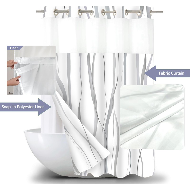 SSCRCUSLY 71x84 Inches White No Hook Grey Striped Shower Curtain