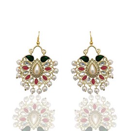 Moonstruck Traditional Indian Chandbali Kundan Hoop Earrings With Pearls for Women (Green & Pink)