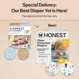 The Honest Company Clean Conscious Diapers for Delicate Skin | Up to 100% Leakproof | Hypoallergenic, Fragrance Free | Gender Neutral | Club Box, Size 3 (16-28 lbs), 62 Count (Prints May Vary)