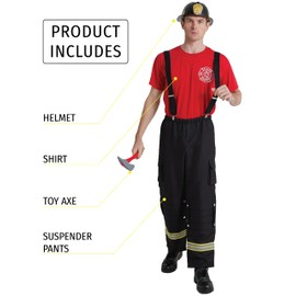Maxim Party Supplies Men's 4 Piece Firefighter Costume, Professional Uniform Set with Helmet, Suspenders, Shirt, Accessories (Medium)