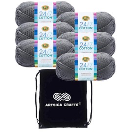 Lion Brand 24/7 Cotton Silver 761-149 (6-Skeins - Same Dye Lot) Worsted Medium #4 Cotton Yarn for Crocheting and Knitting with Project Bag