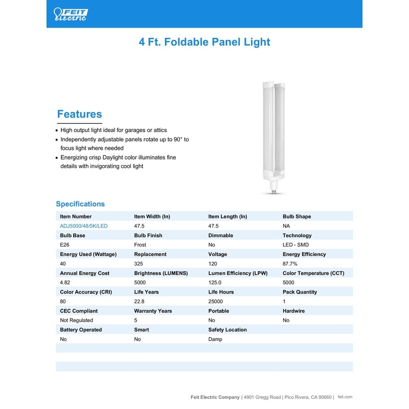 Feit Electric LED Light Panel, 4 Ft. Foldable, 40 Watts,