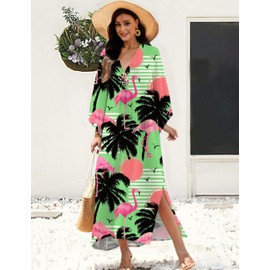 MAKABO Caftan Maxi Dress Hawaii Blue Coconut Palm Cover Up V Neck Beachwear Luau Swimsuit Plus Size