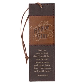 Christian Art Gifts Premium Inspirational Scripture Vegan Leather Bookmark for Men: Man of God Encouraging Bible Verse, Knotted Cord, Gold Text, Sturdy Slim Book Reading Accessory, Light & Dark Brown
