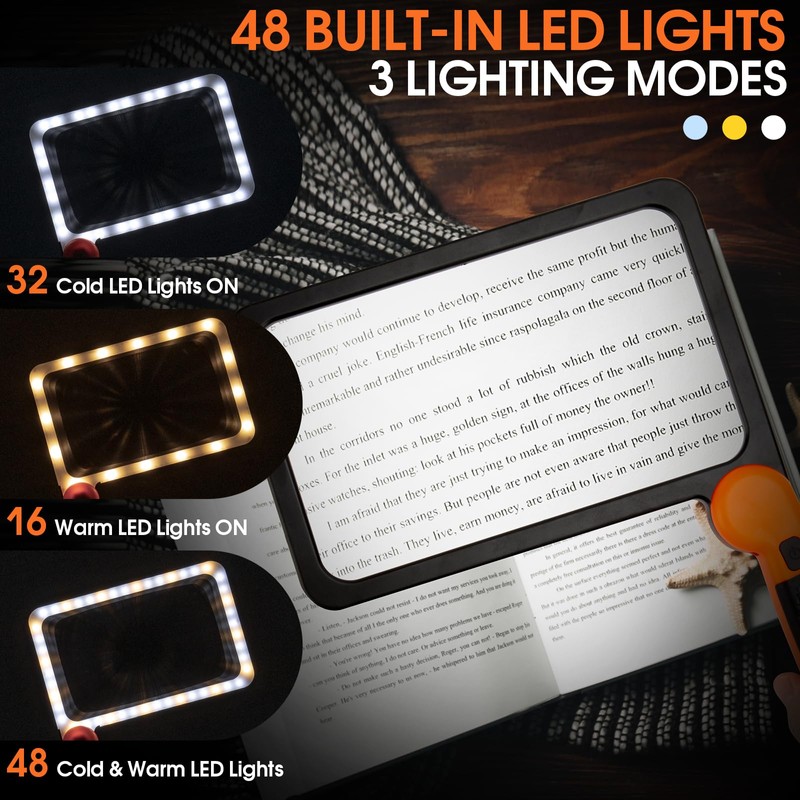 Large Magnifying Glass with Light, Full Page Magnifier 48LED Cold