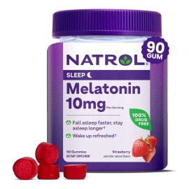 Gomitas de melatonina Natrol, Apoyo al sueño para adultos, Suplemento de melatonina de 10 mg para dormir, 90 gomitas con sabor a fresa, suministro de hasta 45 días