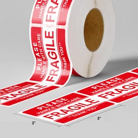 3'' x 2'' Fragile Stickers for Shipping and Moving, 500 Pcs (1 Roll) Handle with Care Fragile Labels Glass Permanent Adhesive Warning Stickers