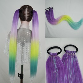 CliCling 4 Colors Braiding Ponytail Hair Extensions Mix Hair Tinsel,Colorful Braided Ponytail Extension with Hair Tie
